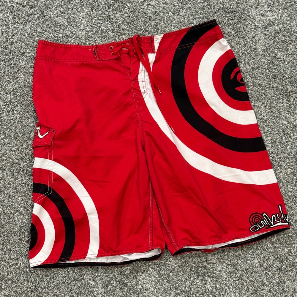 VTG Quiksilver Bullseye Board Shorts Mens 38 Red‎ Target Beach Surf Andy Iron